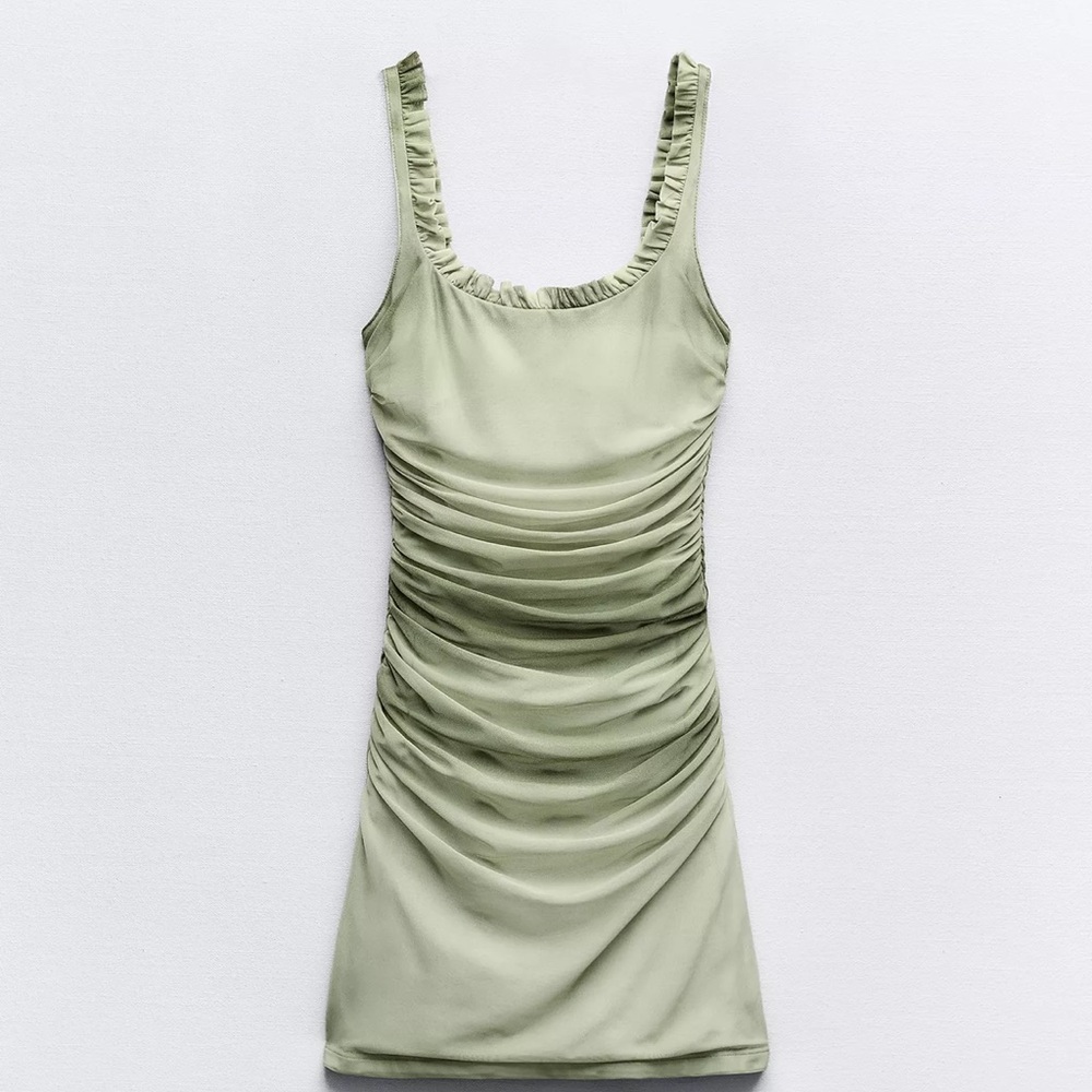 Zara Olive Green Ruched Mini Dress